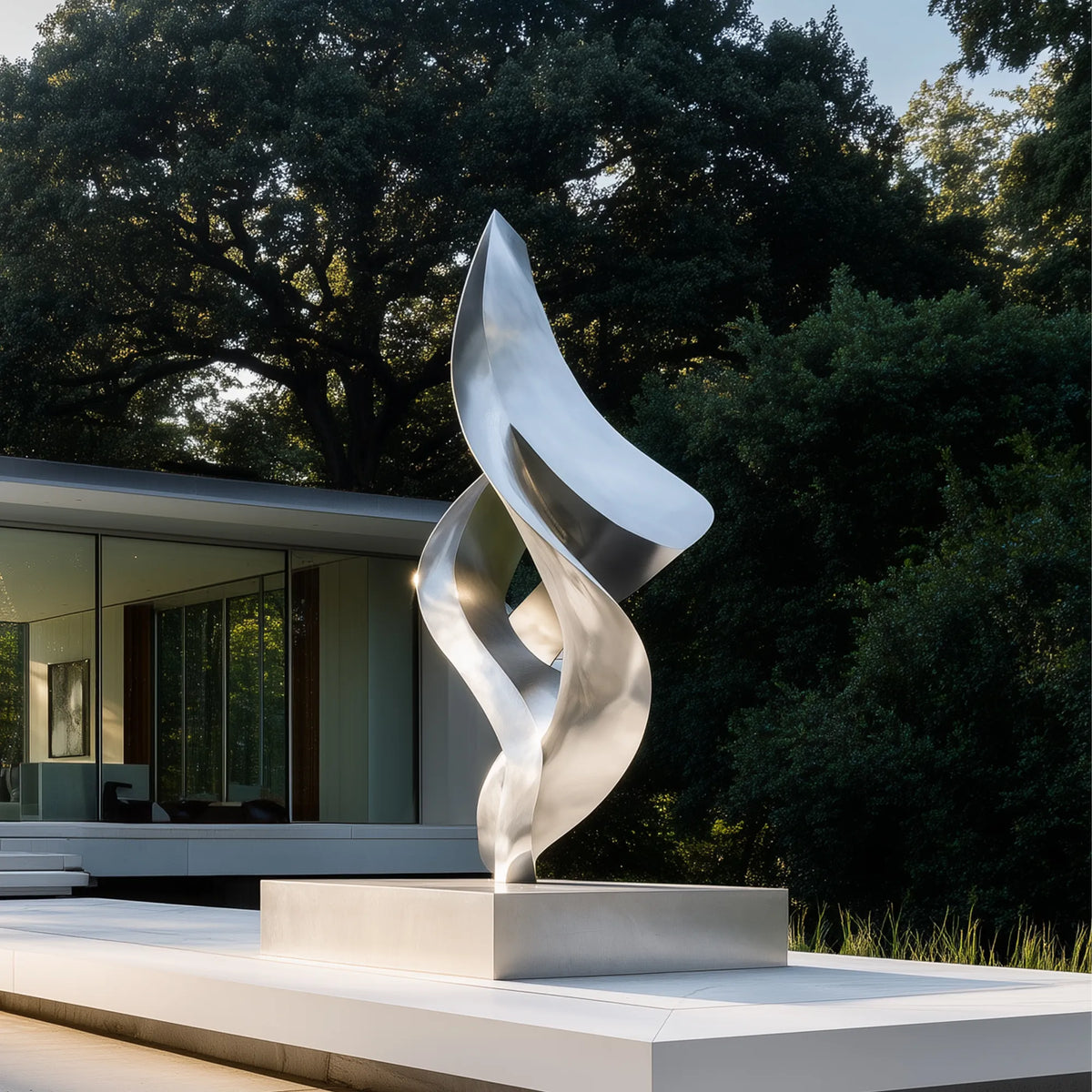 Abstract brushed stainless steel sculpture with twisting open forms in a landscaped modern residence