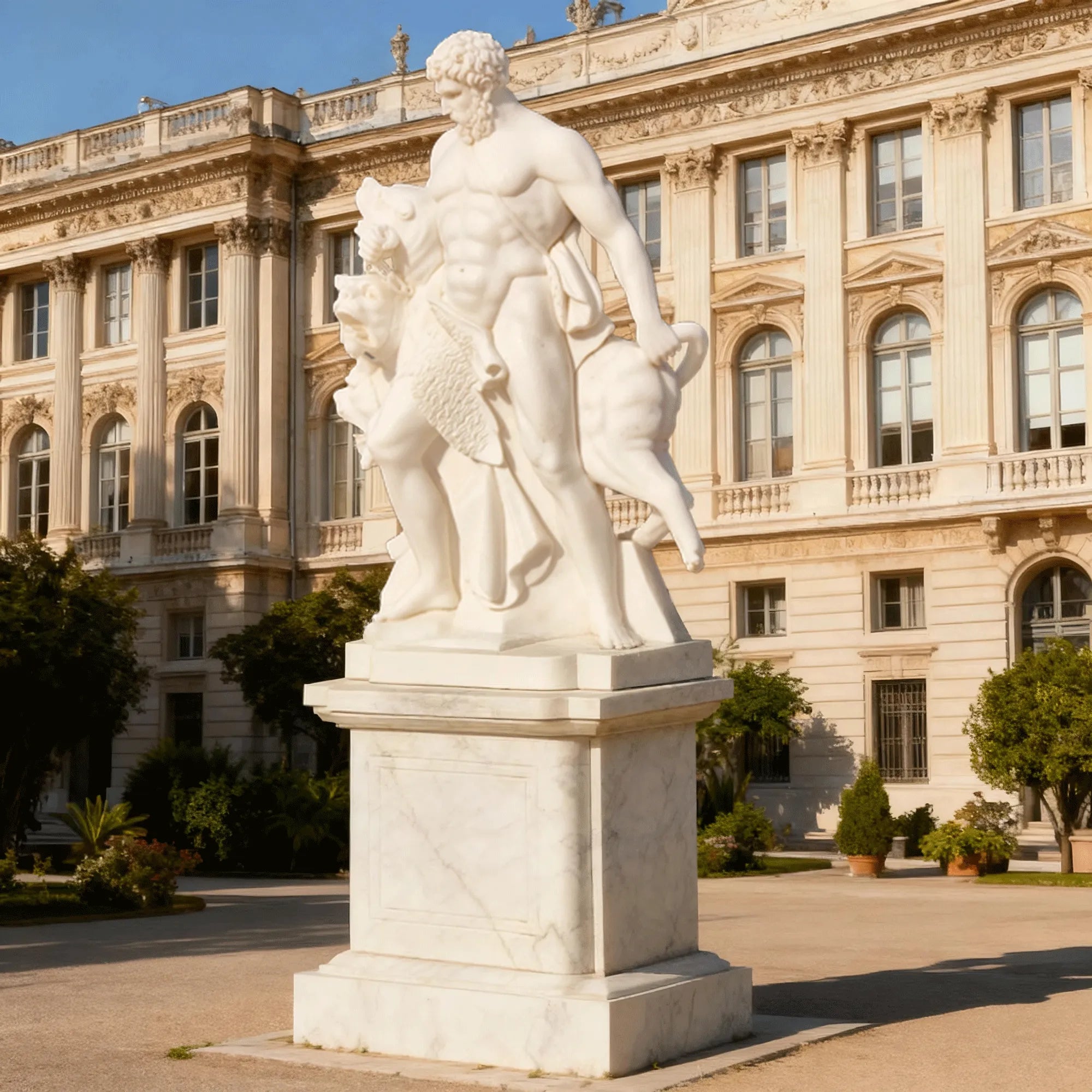 DVS Classical Marble Sculpture of Hercules and Cerberus for Gardens or Villa Courtyards DM010