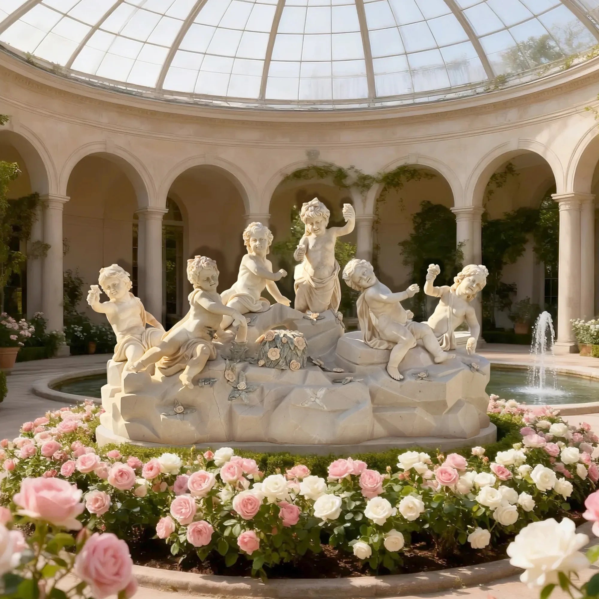 DVS Classical Marble Sculpture of Six Joyful Angels with Floral Stone Base for Gardens DM012