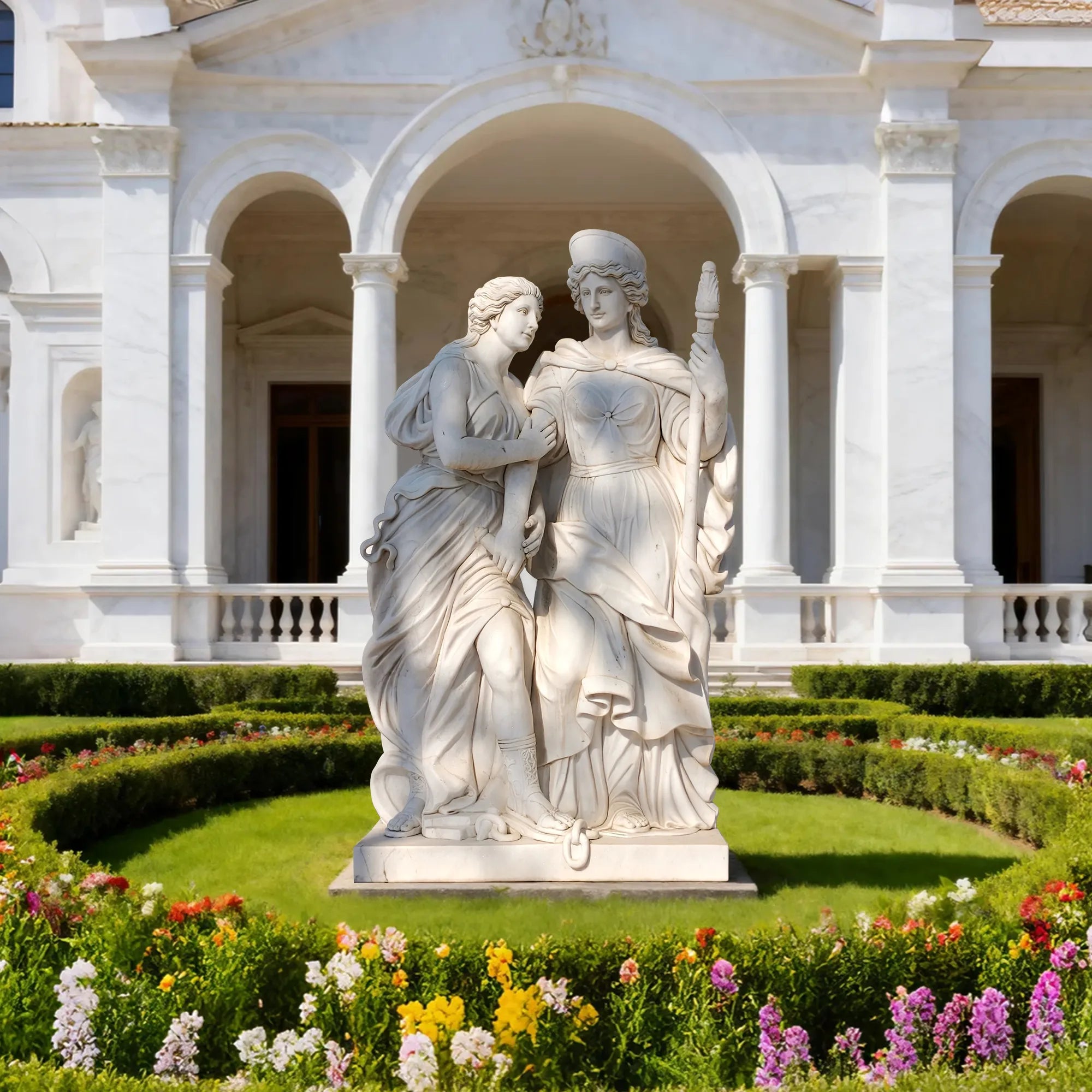 DVS Classical Marble Sculpture of Two Female Figures with Sword and Spear for Gardens and Public Spaces DM019