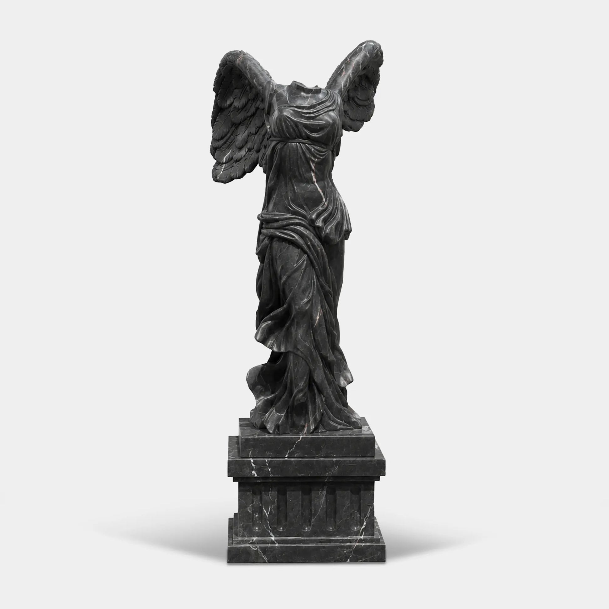 Classical marble sculpture of the Winged Victory of Samothrace with flowing drapery and soaring wings for luxury villas, courtyards, and art galleries.
