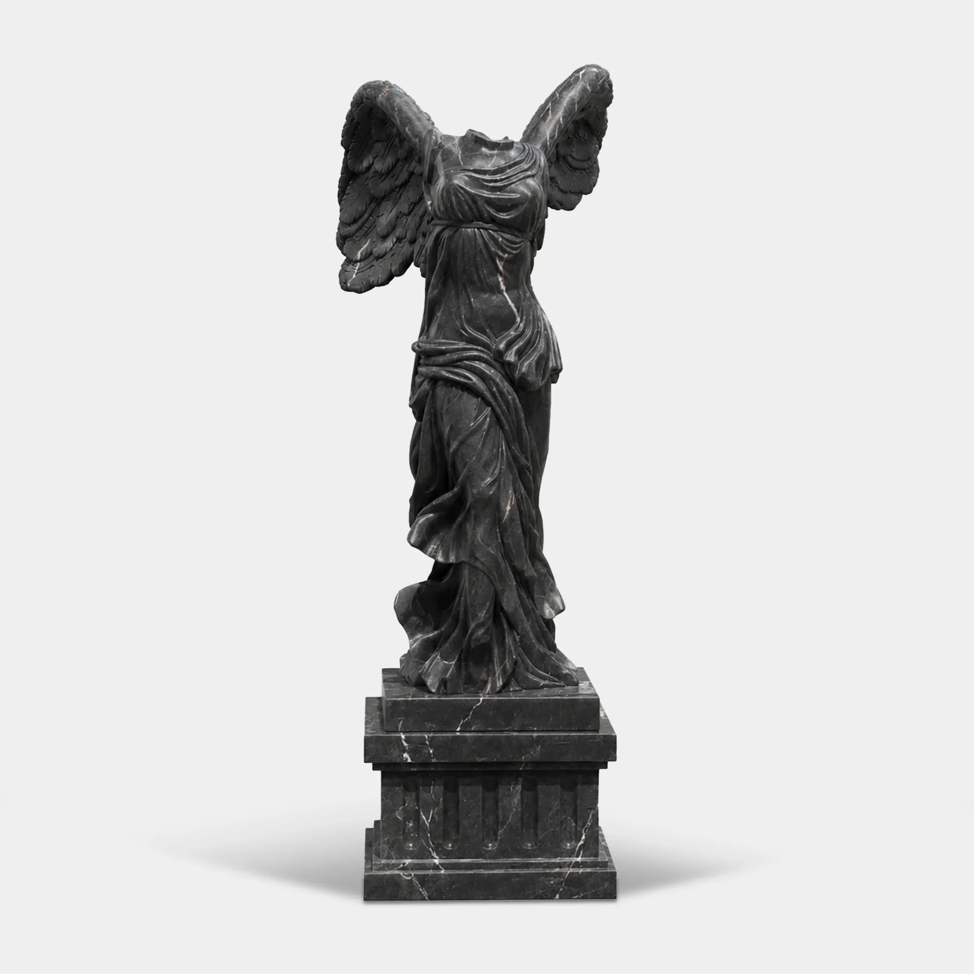 Classical marble sculpture of the Winged Victory of Samothrace with flowing drapery and soaring wings for luxury villas, courtyards, and art galleries.