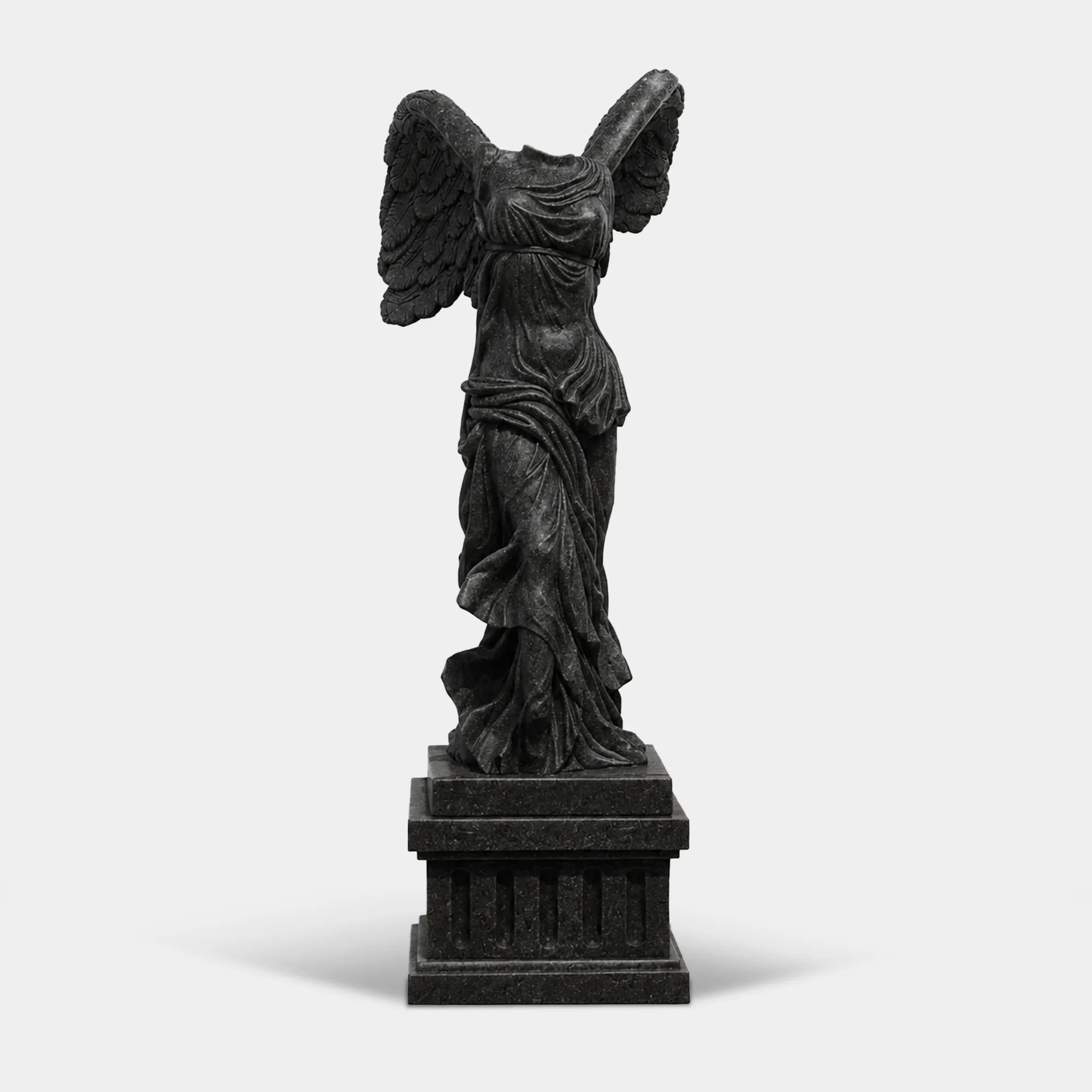 Classical marble sculpture of the Winged Victory of Samothrace with flowing drapery and soaring wings for luxury villas, courtyards, and art galleries.