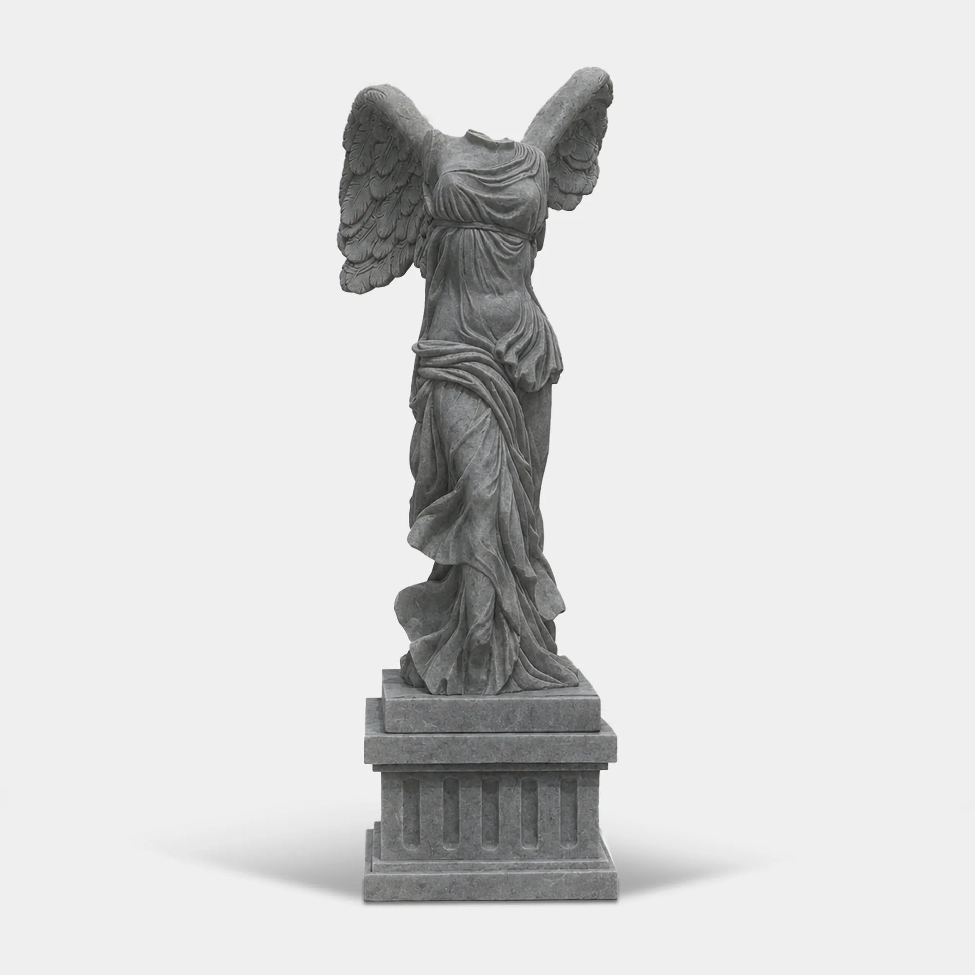 Classical marble sculpture of the Winged Victory of Samothrace with flowing drapery and soaring wings for luxury villas, courtyards, and art galleries.