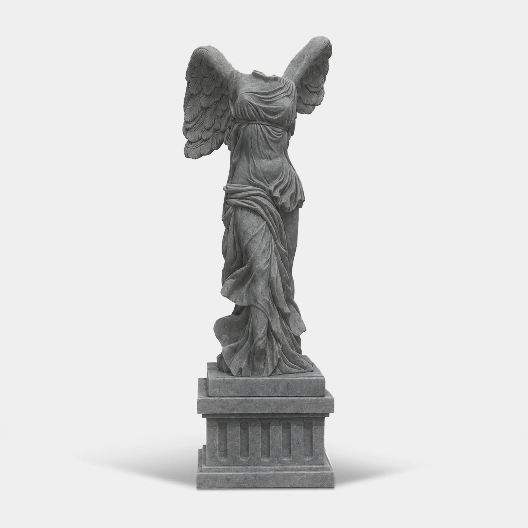 Classical marble sculpture of the Winged Victory of Samothrace with flowing drapery and soaring wings for luxury villas, courtyards, and art galleries.