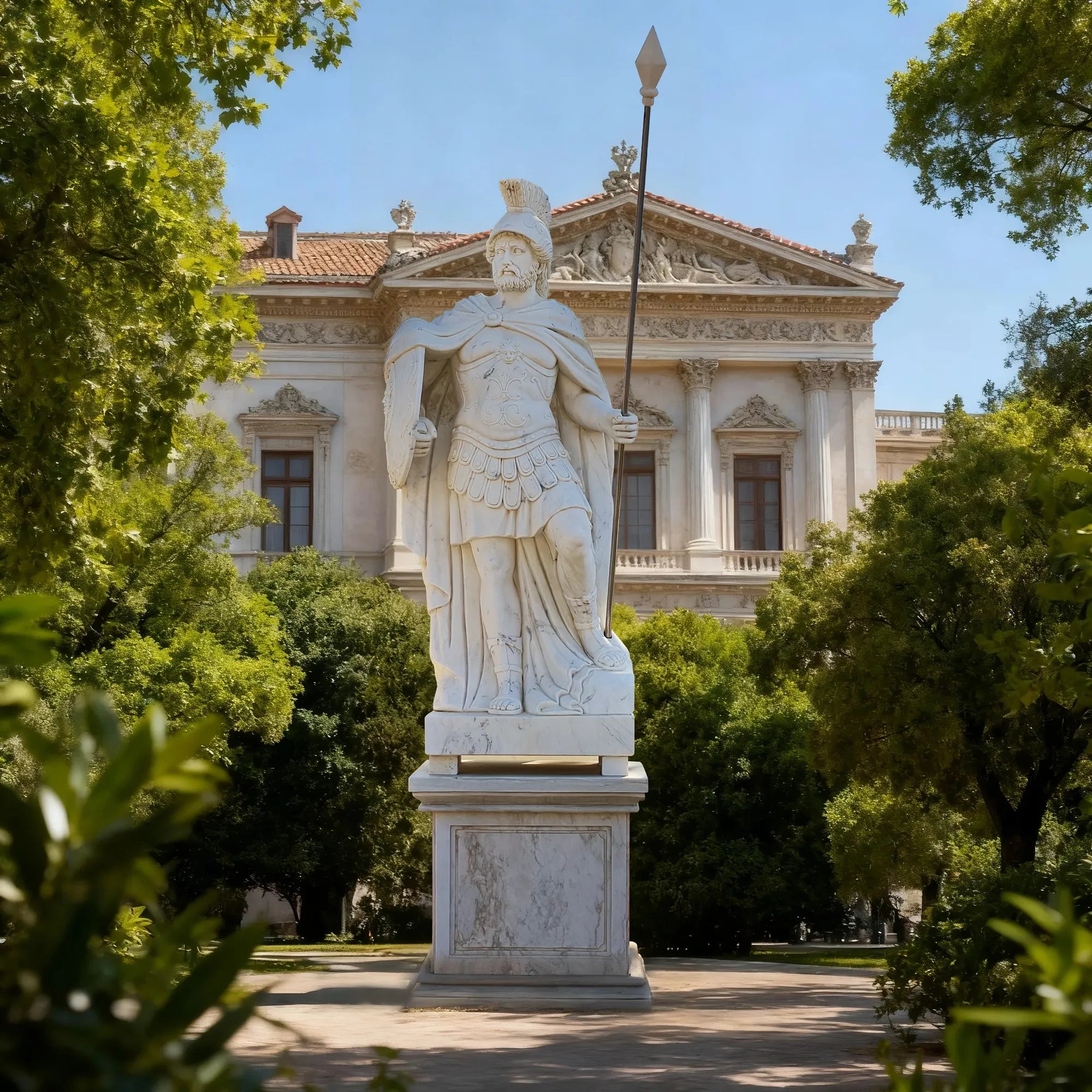 DVS Classical Marble Warrior Statue Holding a Spear and Shield for Gardens and Courtyards DM017