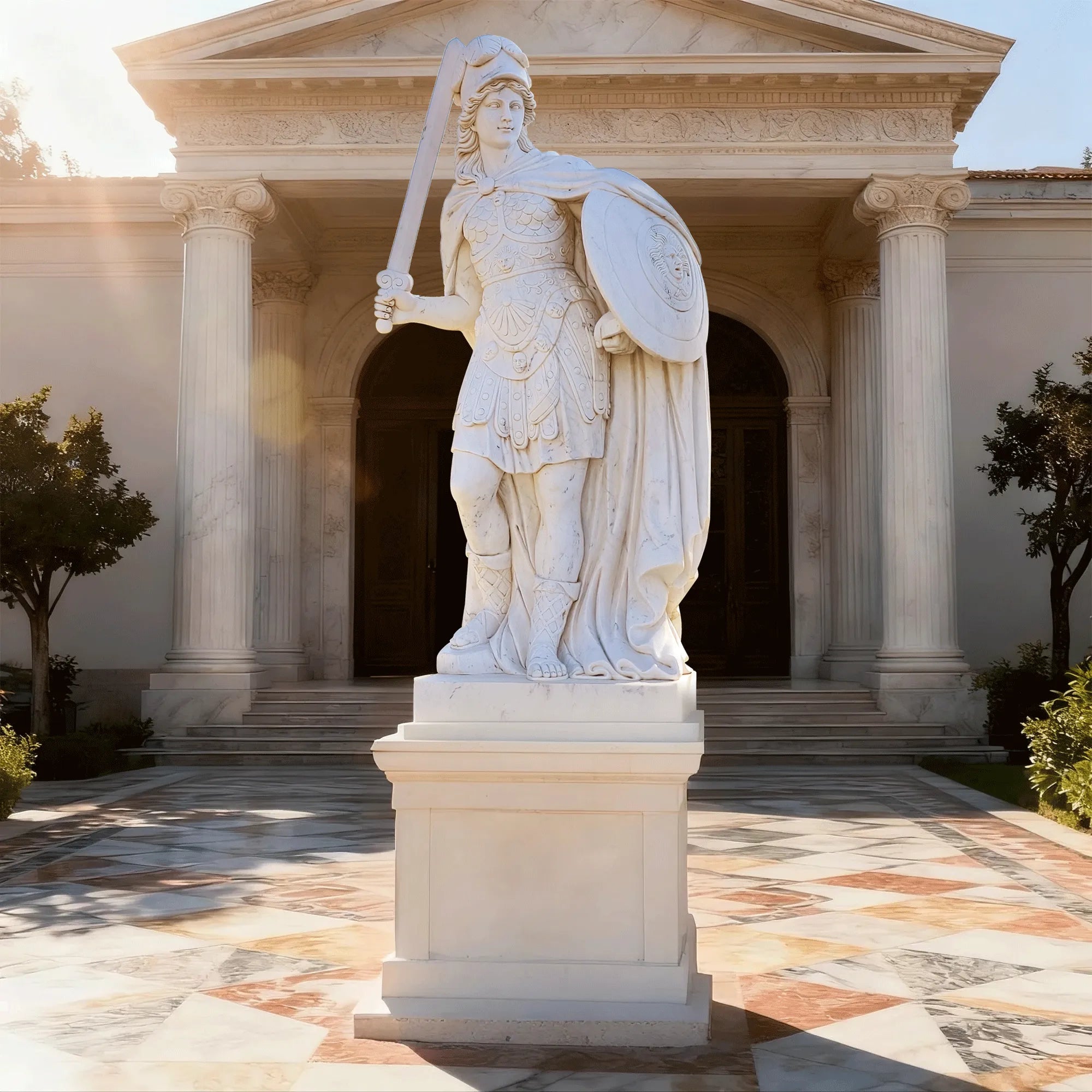 DVS Defender of the Realm Marble Sculpture of a Warrior with Sword Raised and Shield for Gardens DM016