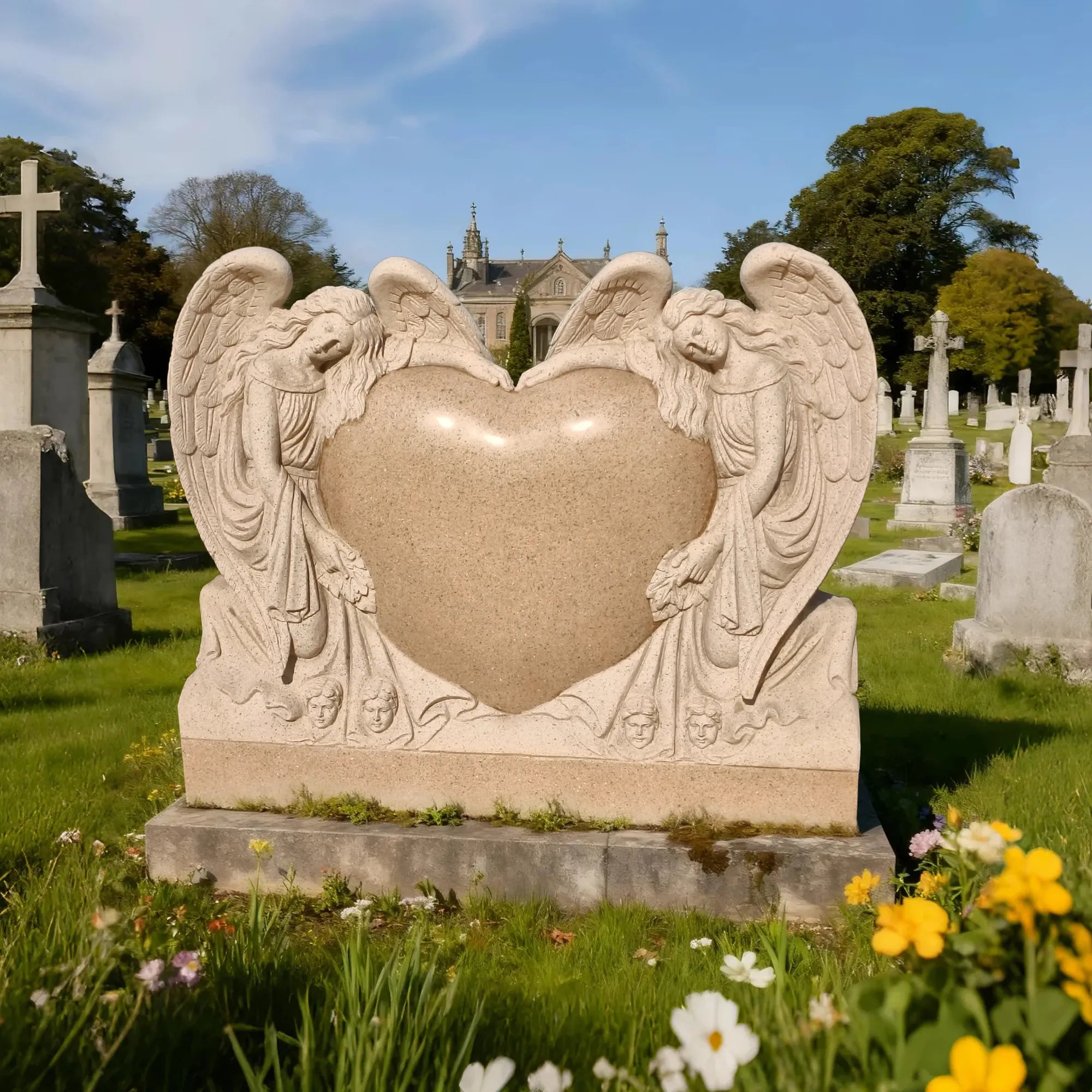 DVS Double Angel Heart Marble Sculpture in Classical Style for Cemeteries, Courtyards & Gardens DM008