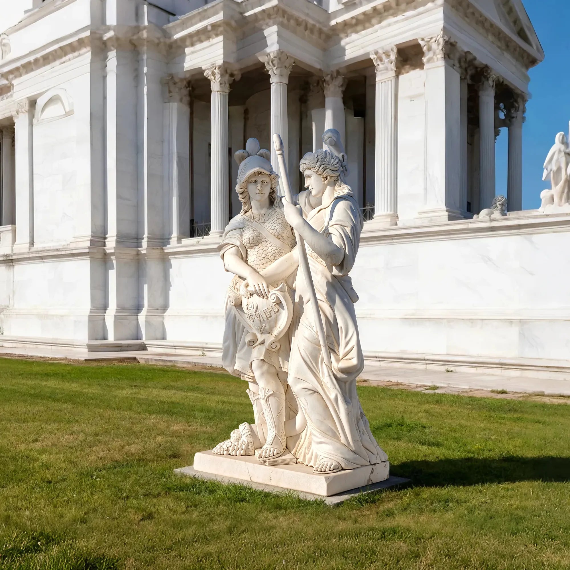 DVS Marble Sculpture of Two Classical Goddesses with Shield and Staff for Villas and Gardens DM020