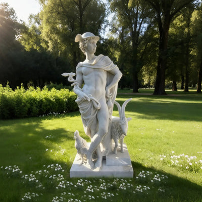 DVS Marble Statue of Roman God Mercury with Sacred Animals for Gardens DM004
