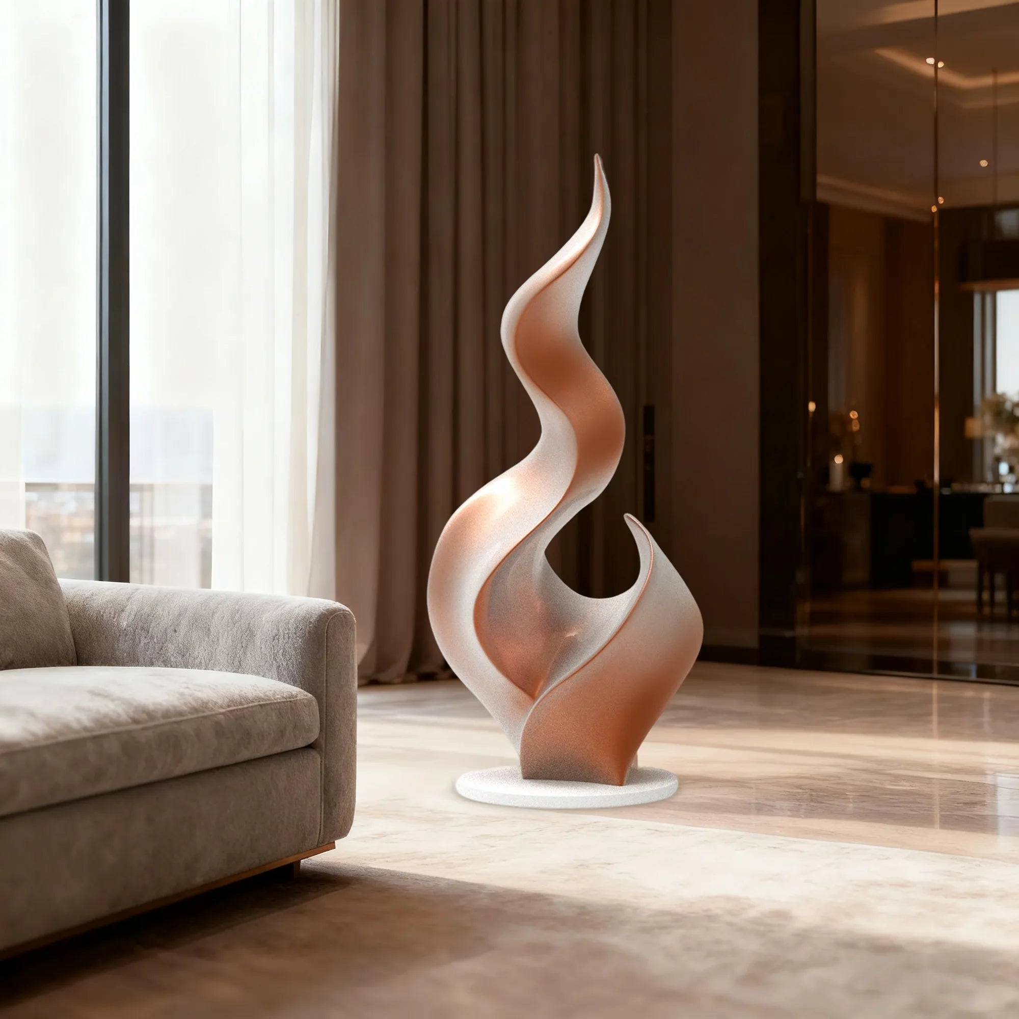 DVS Modern Art Sculpture in Stainless Steel with Blushing Flame Design for Homes and Luxury Interiors DS017
